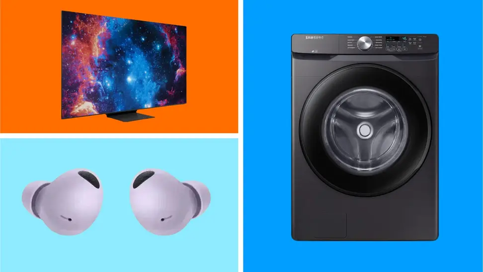 Three Samsung products in front of colored backgrounds.