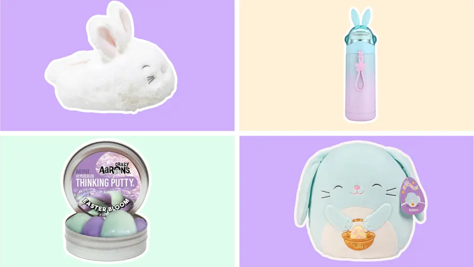 Bunny plush, drinking tumblers, Thinking Putty, and Squishmallows.