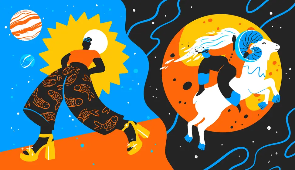 Illustration of a woman walking wearing pants with a Pisces fish print, and another illustration of a woman riding a flying ram.