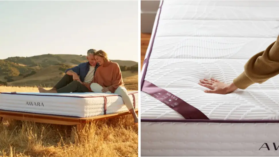 A couple resting on an Awara mattress next to a hand on an Awara mattress.