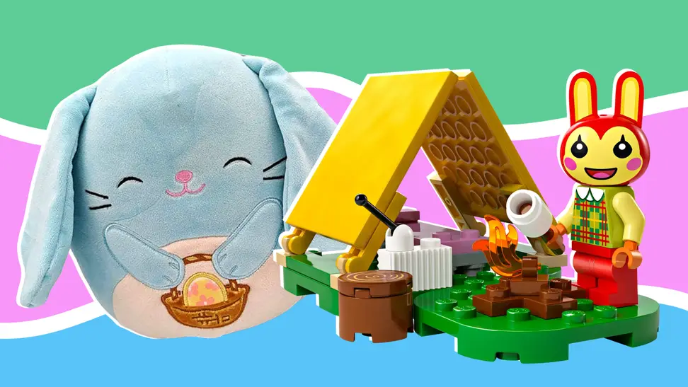 Bunny Squishmallow next to a spring Lego set against a pastel green, lavender, and blue background.