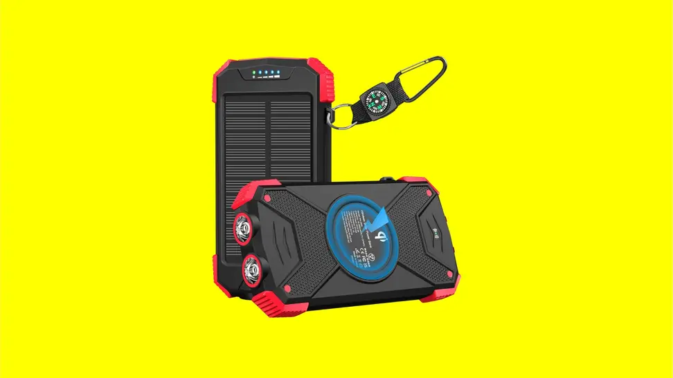 A Blavor solar charger power bank in front of a colored background.