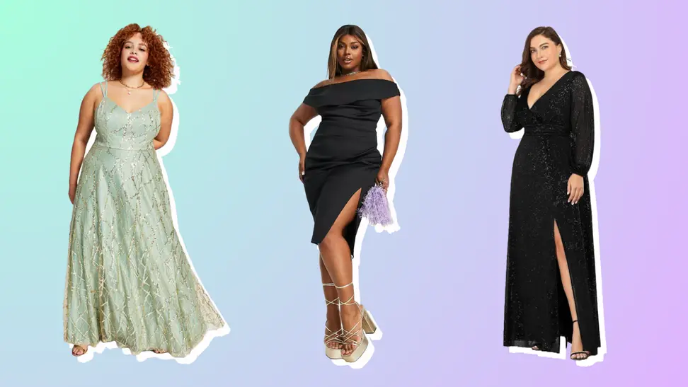 Collage of three women wearing prom dresses.