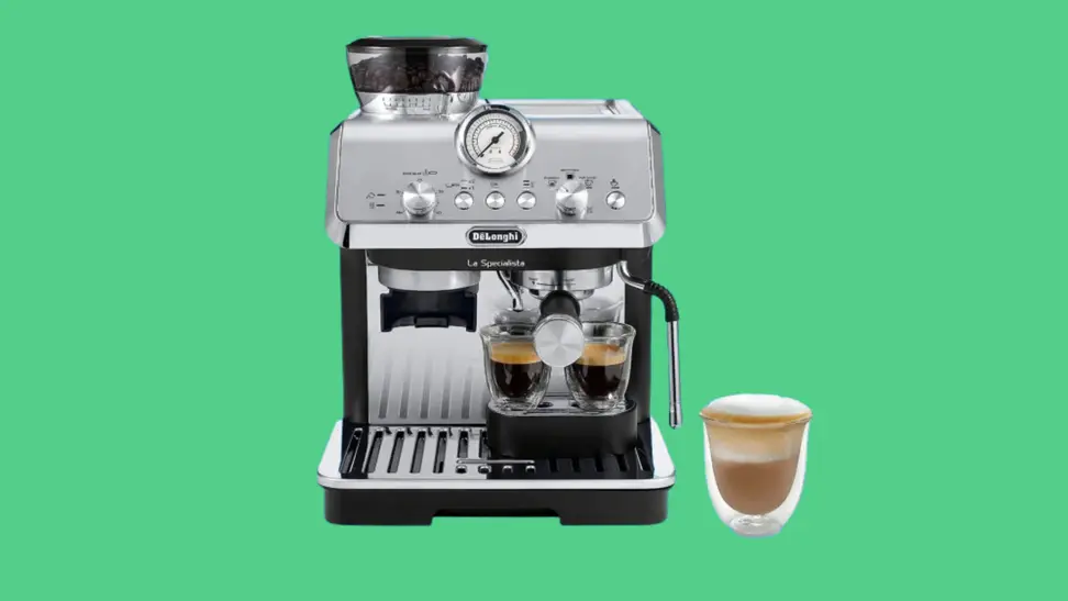 De'Longhi espresso machine on green background