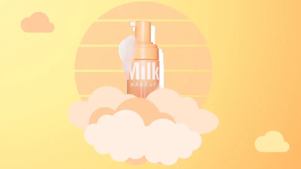 Milk Makeup Glow Priming Foam in front of a sun and surrounded by clouds.