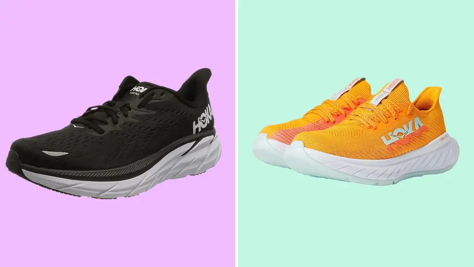 A colorful collage with a pair of Hokas and a low neck Hoka shoe.