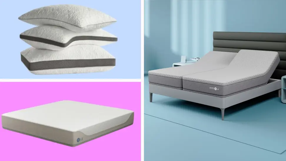 A colorful collage with Sleep Number mattresses and pillows.