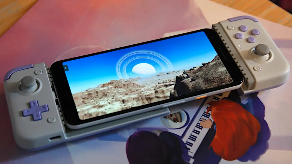 The GameSir X2 Type-C displaying a scifi game.