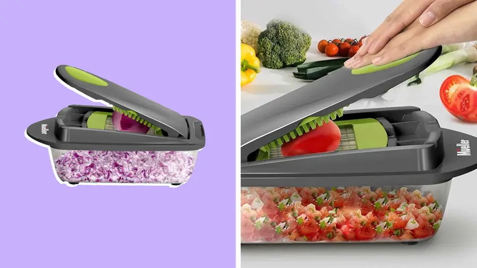 Red onion being diced up and deposited into the Mueller vegetable chopper.