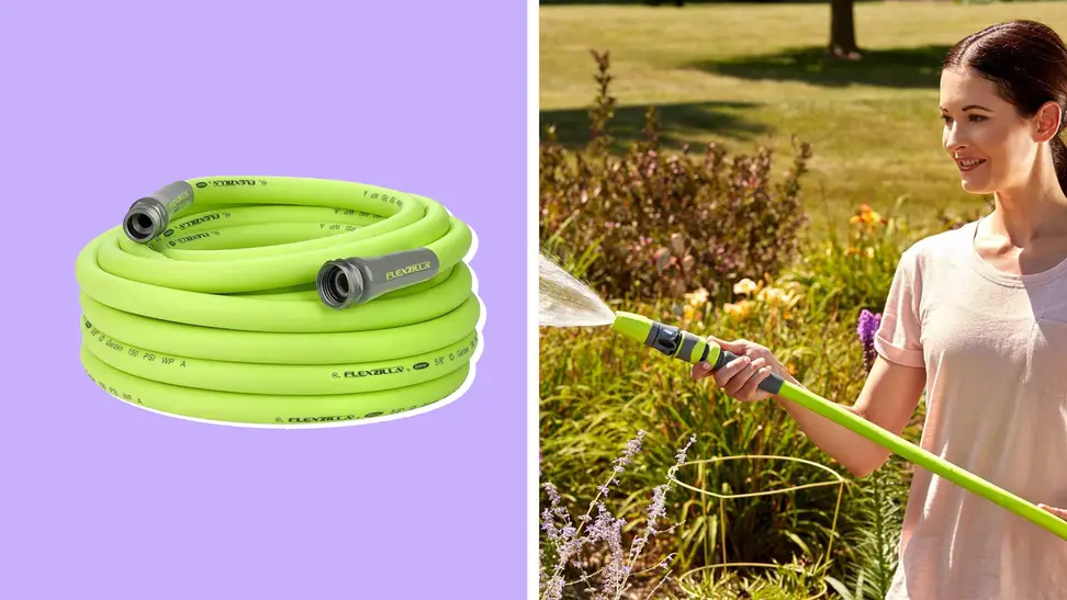 Neon yellow garden hose on a blue background.