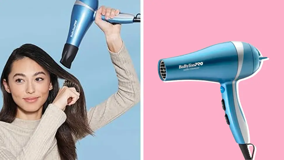 A blue BaByliss Pro hair dryer against a lime green background.
