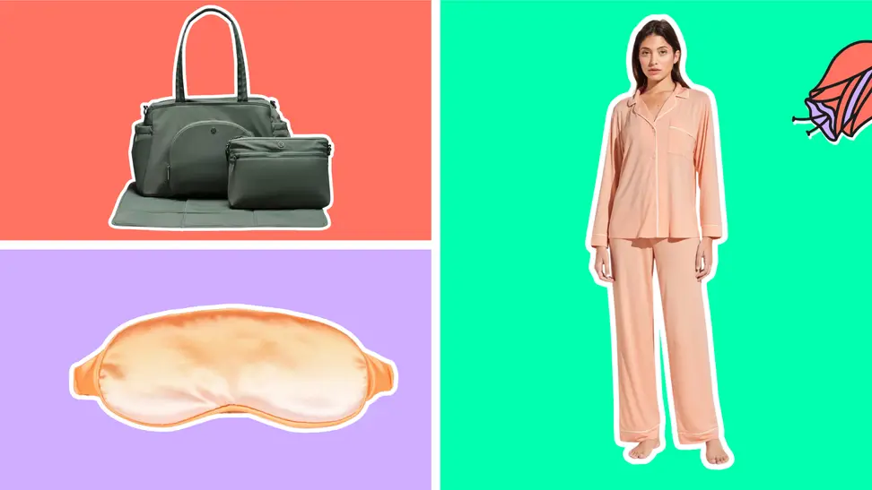 Colorful photo collage of a model in Eberjey pajamas, the lululemon New Parent Tote and a satin Loftie Sleep Mask.