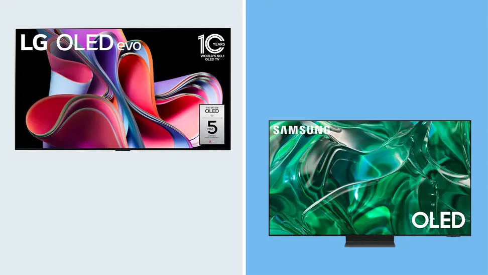 Retailer images of the LG G3 and the Samsung S95C next to each other in front of a background.
