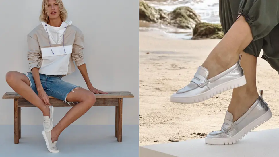 A woman sits on a bench wearing shorts and silver loafers from Vionic; a closeup shot of a woman's feet wearing silver loafers on the beach.