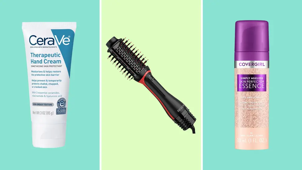 Collage of a tube of CeraVe cream, a Revlon styling tool, and Covergirl foundation.