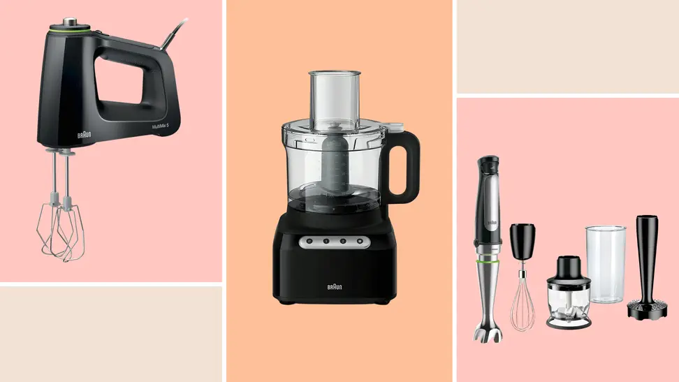 Braun hand blender, food processor, and immersion blender on pink and orange background