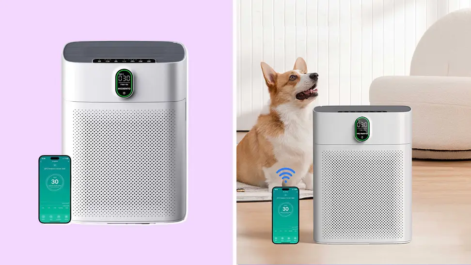 An air purifier on a green background.
