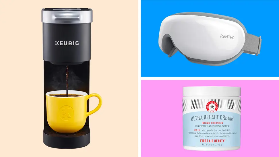 Three discounted Amazon items in front of colored backgrounds.