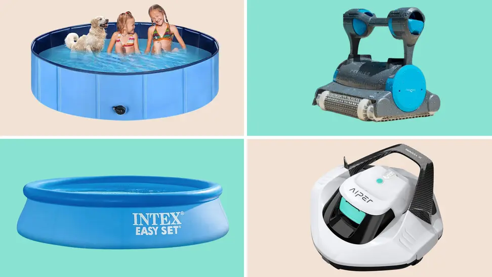 A colorful collage with inflatable pools and robotic pool cleaners.