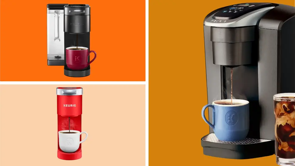 Three Keurig coffee makers in front of colored backgrounds.