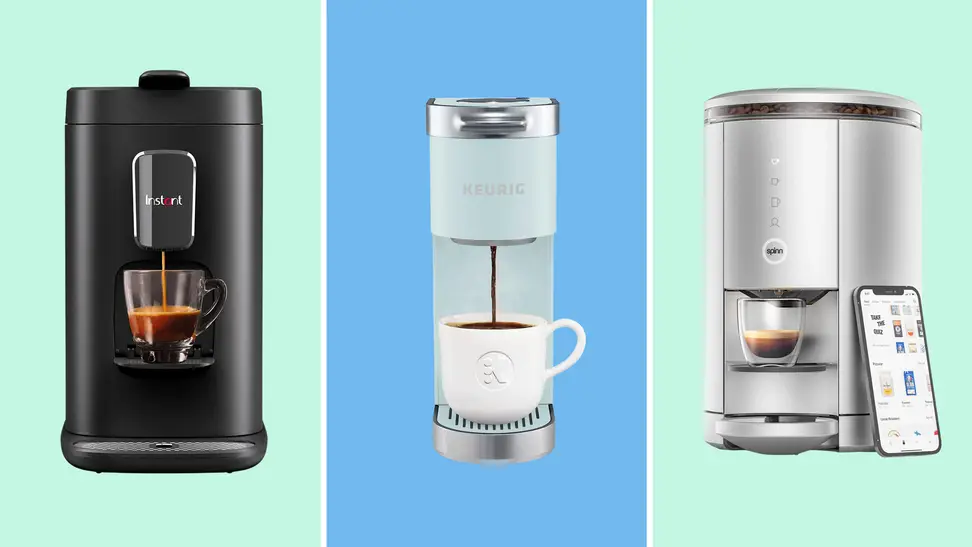 A colorful collage with coffee makers and espresso machines.