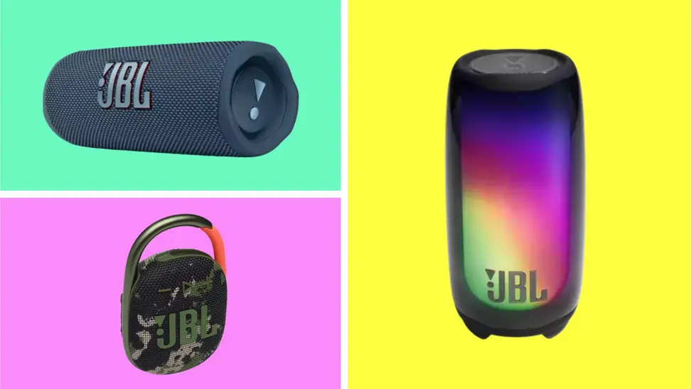 A collection of JBL portable speakers in front of colored backgrounds.