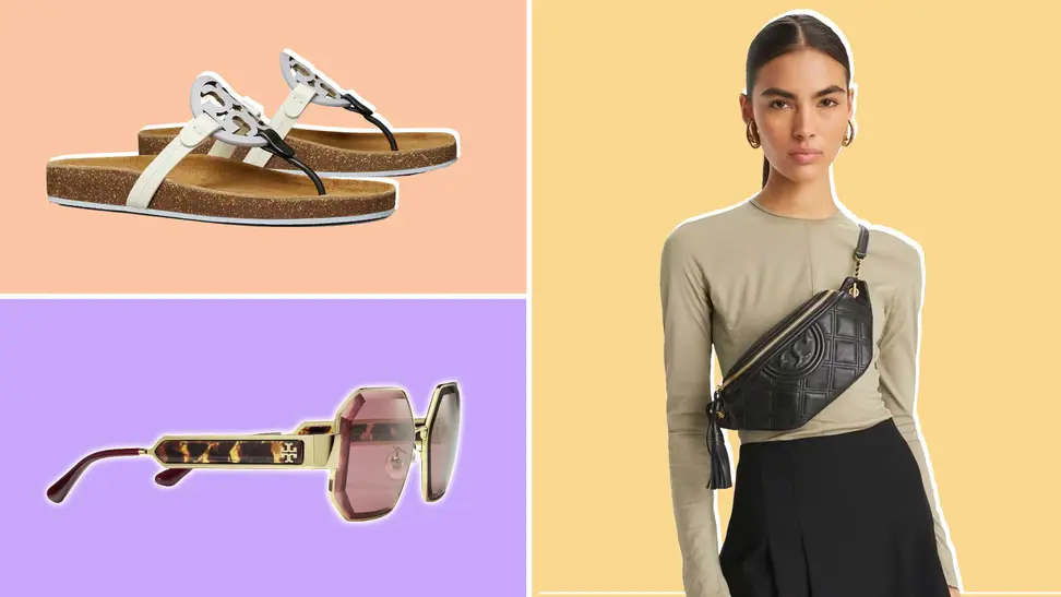 Tory Burch purse, sandals, sunglasses