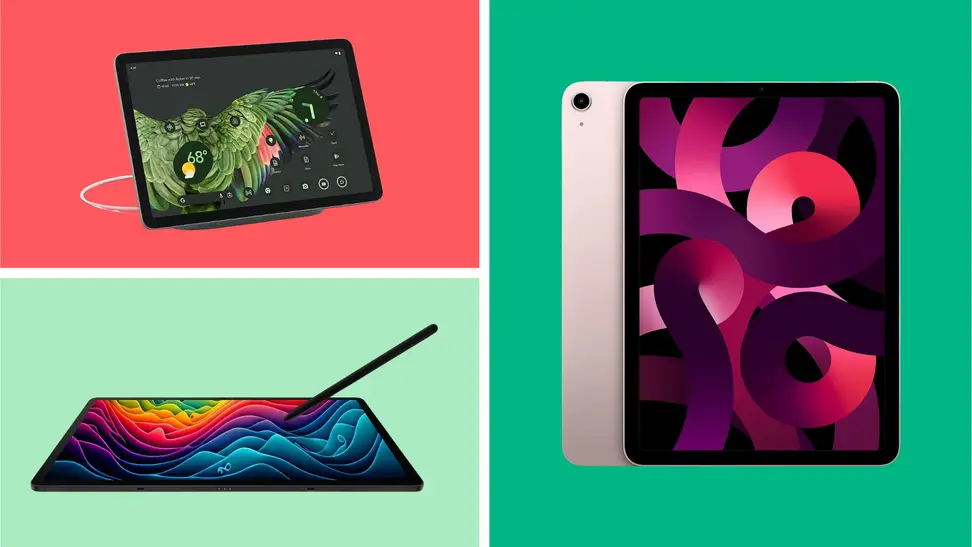 Three tablets on sale at Amazon in front of colored backgrounds.