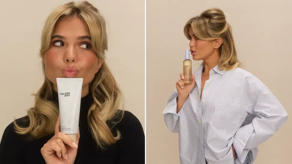 Collage of Matilda Djerf holding the hairstyling products from her beauty line.