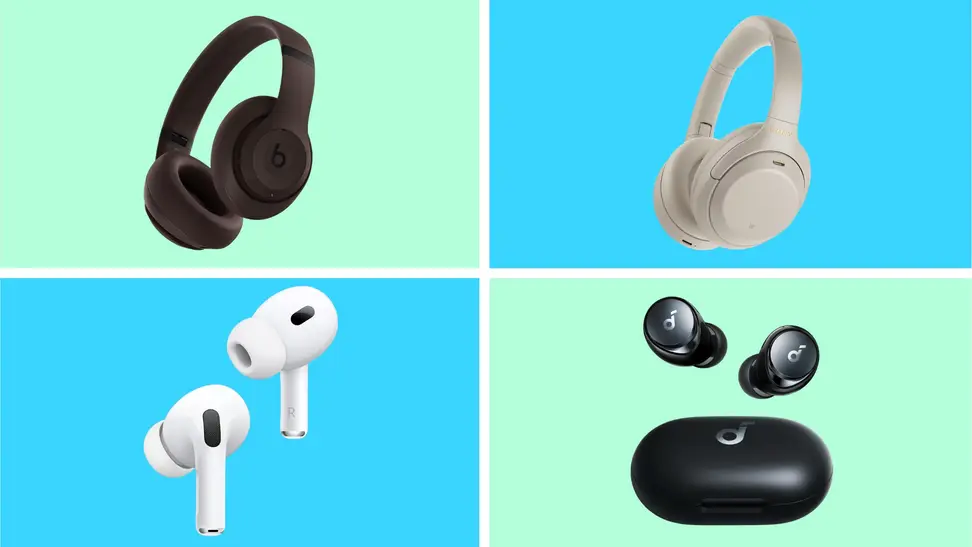 A collection of discounted headphones and earbuds in front of colored backgrounds.