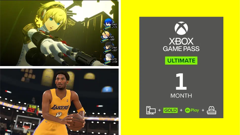 Screenshots from the "Personal 3 Reload" and "NBA 2K24" video games next to the Xbox Game Pass Ultimate one month membership card.