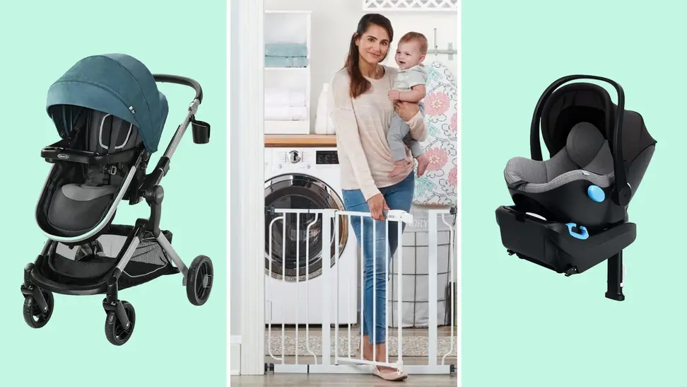 A colorful collage with a baby gate, car seat, and stroller.