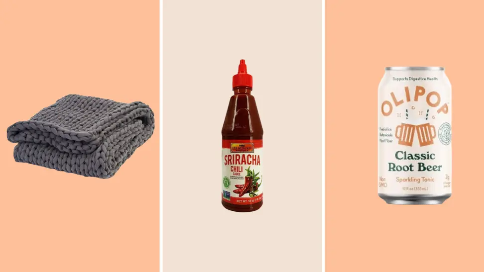 Folded weighted blanket, sriracha bottle, and Olipop can against orange background