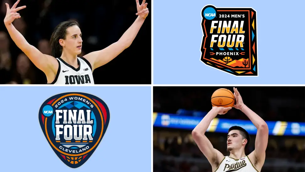 Caitlin Clark and Zach Edey next to the women's and men's Final Four logos.