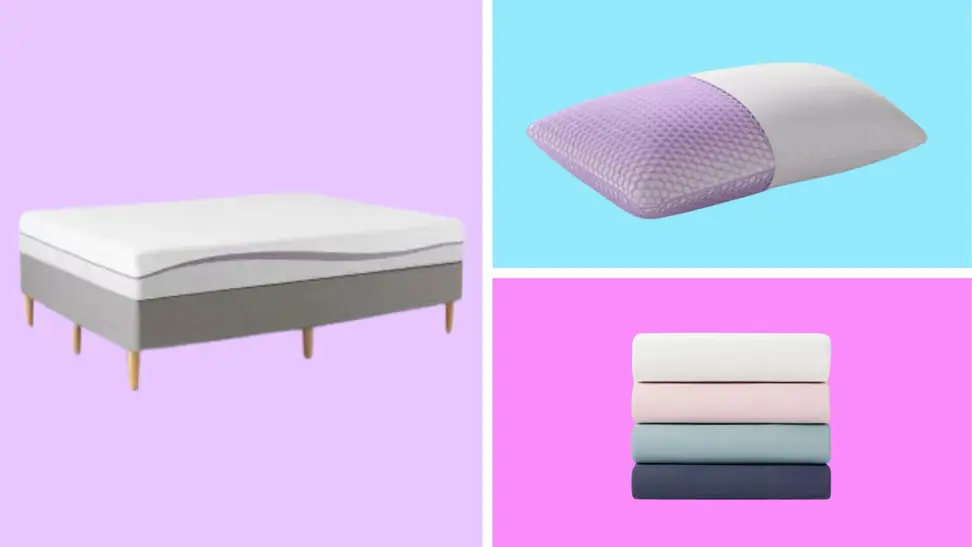 A collage of Purple sleep products in front of colored backgrounds.