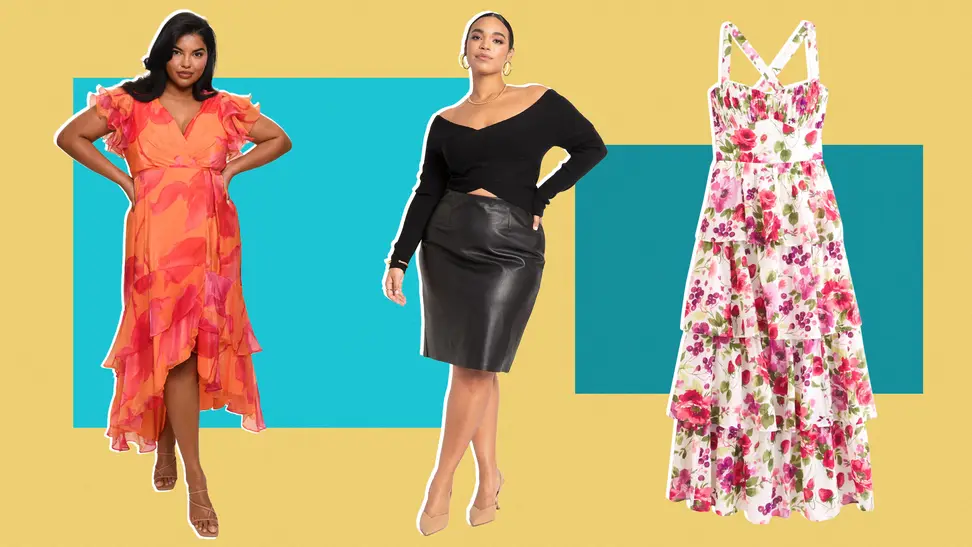 A model wearing a black off-the-shoulder top, a model wearing a floral orange printed dress, and a floral dress with criss-crossed straps.