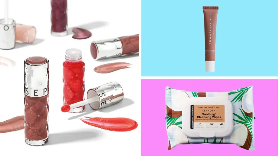 A collection of various beauty products being sold at Sephora in front of various backgrounds.
