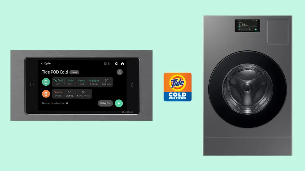 Tide logo, grey laundry machine, and laundry screen