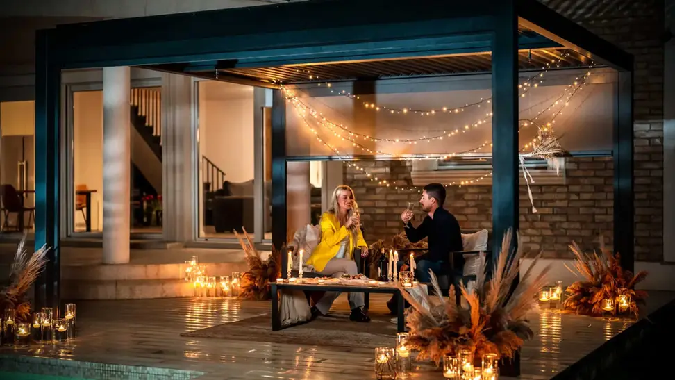 Custom Hanso Home louvered Scandinavian pergola