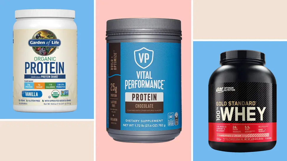 Three cases of protein powder on a blue and pink background.