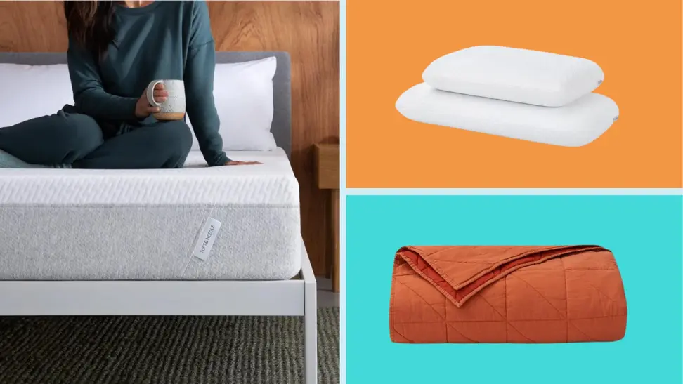 A Tuft & Needle mattress with a person sitting on it next to Tuft & Needle products in front of colored backgrounds.