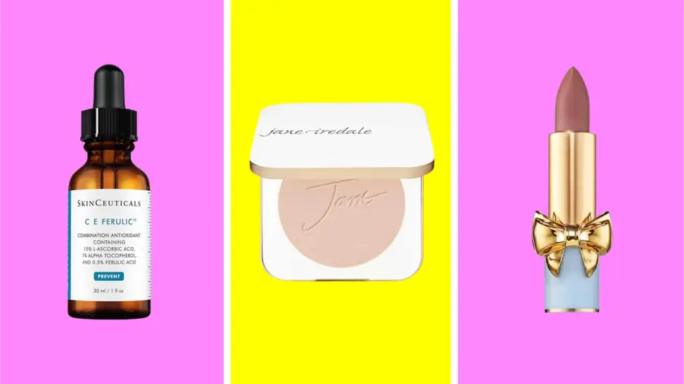 A trio of beauty products in front of colored backgrounds.