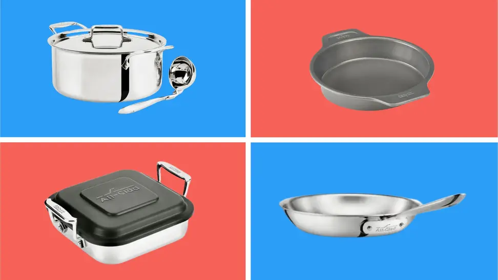 A collage of All-Clad cookware in front of colored backgrounds.