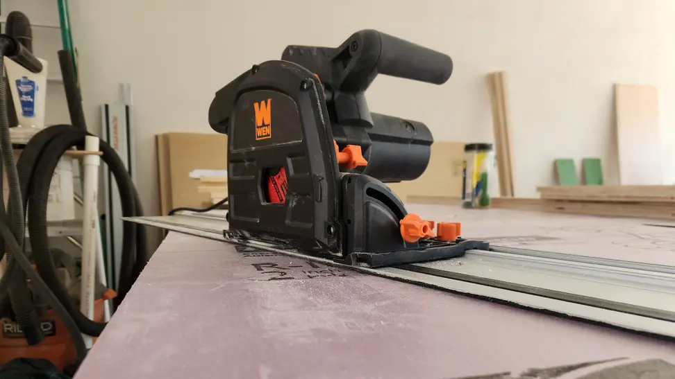 Wen Track Saw on workbench inside of garage.