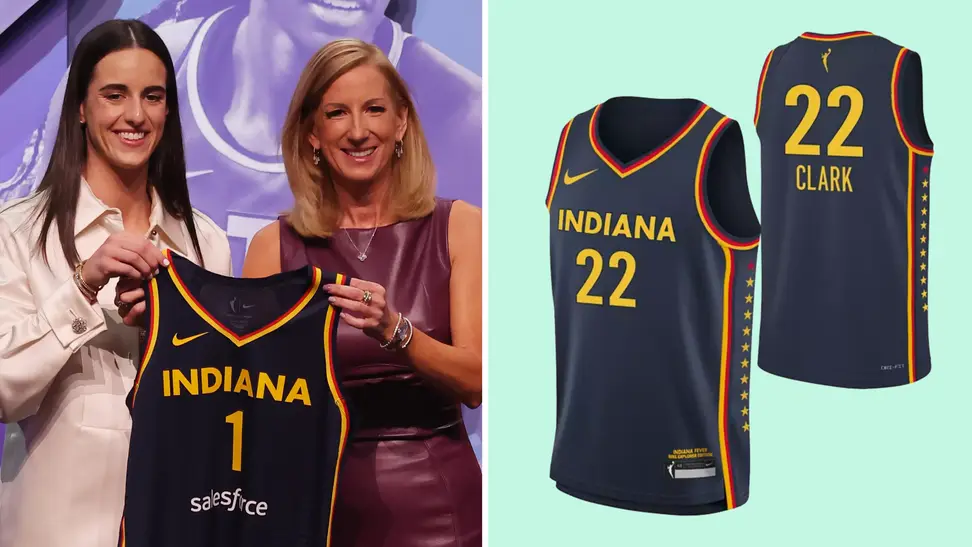 A collage of Caitlin Clark after getting drafted No. 1 overall and multiple angles of her Indiana Fever jersey.