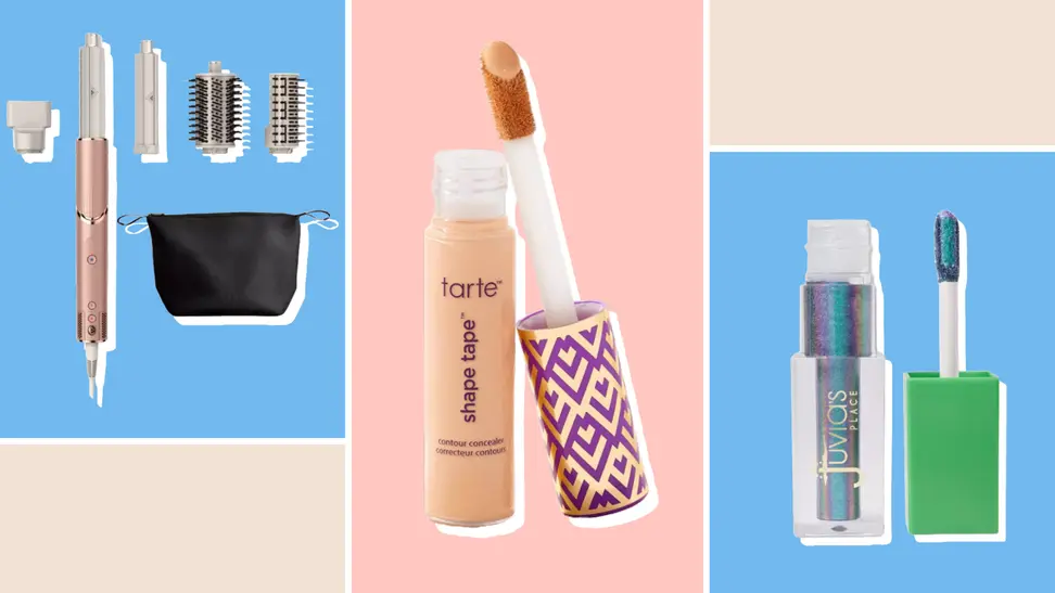 Collage of a hairstyling tool, concealer, and liquid eyeshadow.