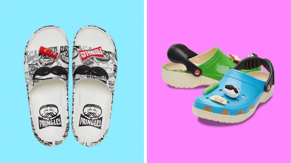 Two pairs of Pringles-themed Crocs in front of colored backgrounds.