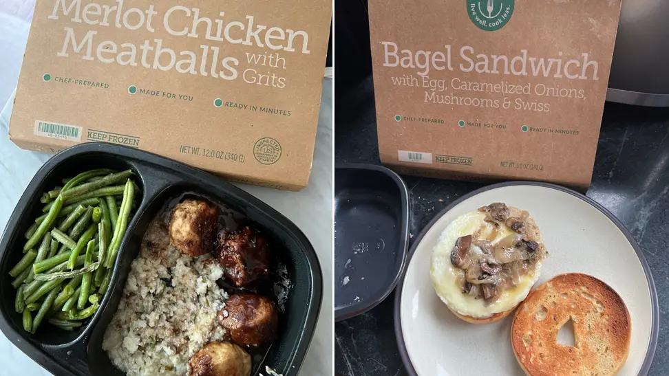 BistroMD meals: Merlot chicken meatballs with green beans in a black tray and toasted bagel with egg and mushrooms on a plate with BistroMD packaging in the background.
