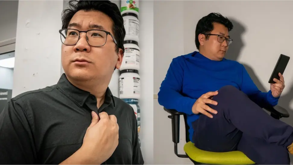 Man wearing a polo, hoodie, and pants from Public Rec