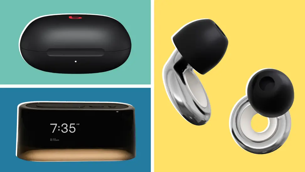 Beats Fit Pro earbuds case, Lofie alarm clock, and Loop Earplugs on a blue, green, and yellow backgrounds.